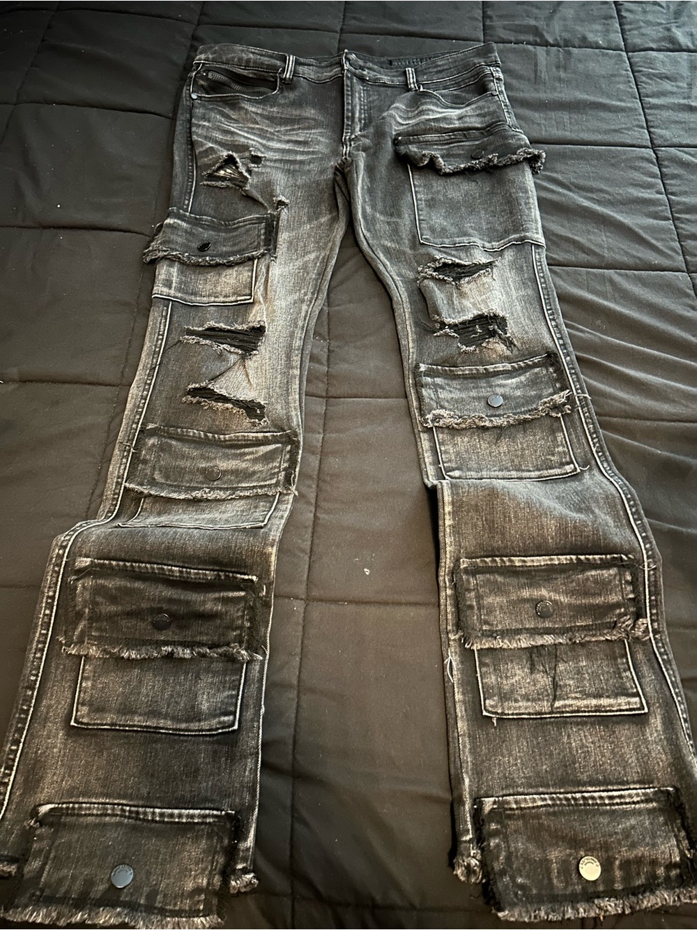 Slim Straight Stacked Black Distressed Cargo Jeans for Men